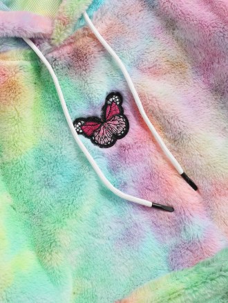 Tie Dye Pattern Butterfly Embroidered Fluffy Hoodie