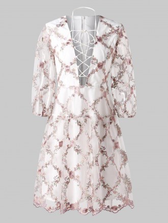 Tiny Floral Embroidery Plunging Neckline Mesh Dress
