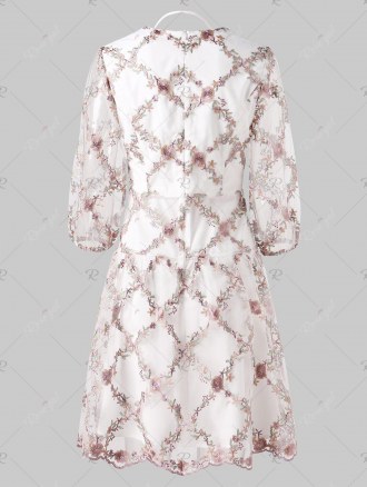 Tiny Floral Embroidery Plunging Neckline Mesh Dress