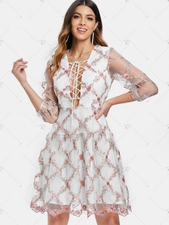 Tiny Floral Embroidery Plunging Neckline Mesh Dress