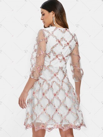 Tiny Floral Embroidery Plunging Neckline Mesh Dress