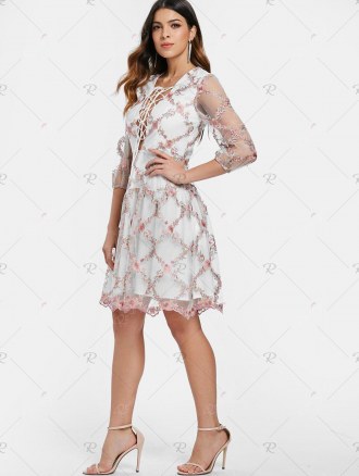 Tiny Floral Embroidery Plunging Neckline Mesh Dress