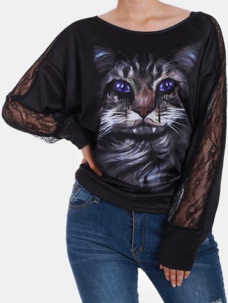 Vampire Cat Dolman Sleeves Ruched Halloween Tee
