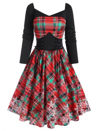 Xmas Snowflake Print Checked Lace-up Dress